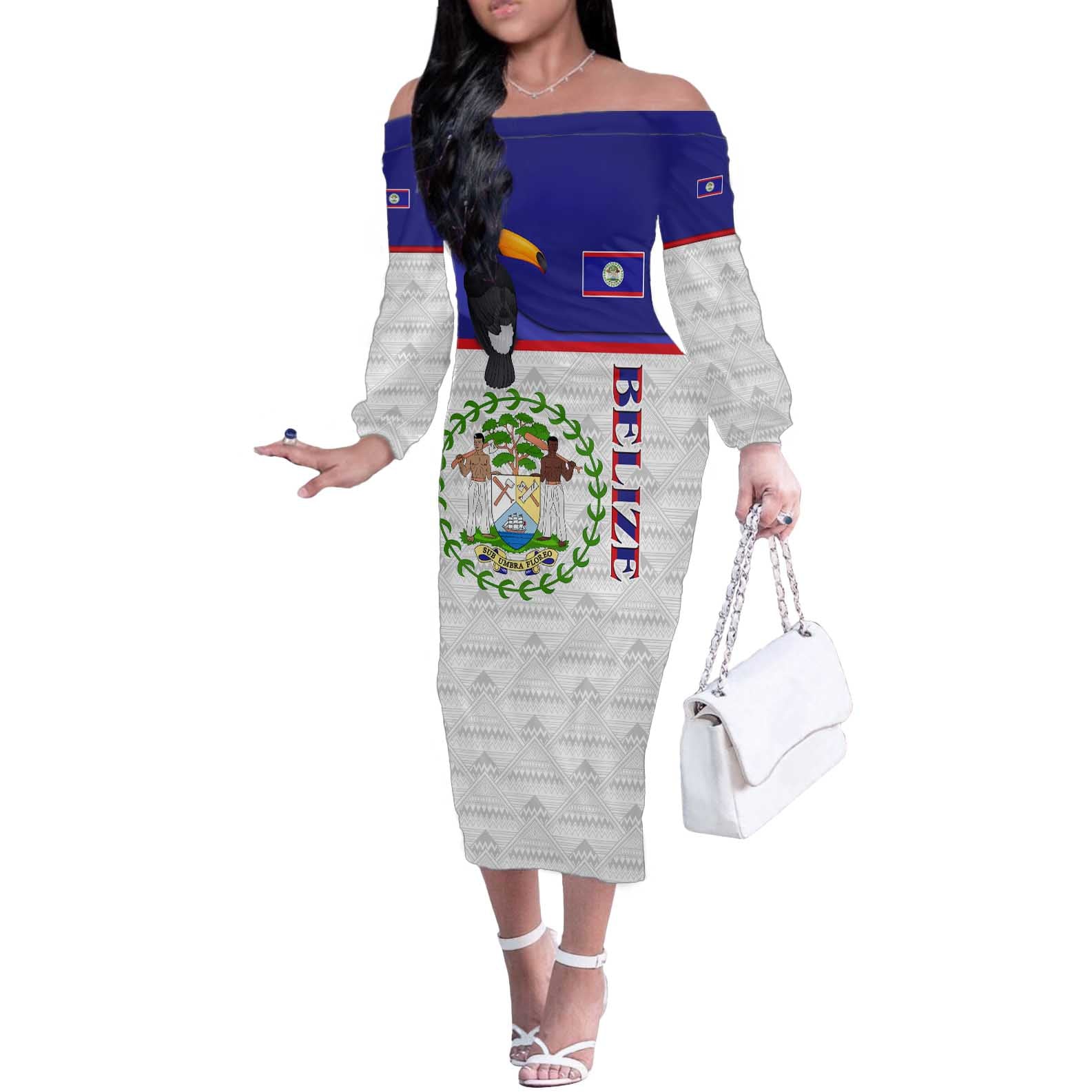 Belize National Emblem Off The Shoulder Long Sleeve Dress with Toucan Print and Flag-Inspired Blue Design