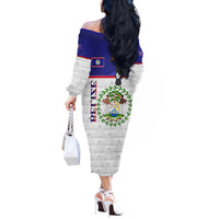 Belize National Emblem Off The Shoulder Long Sleeve Dress with Toucan Print and Flag-Inspired Blue Design