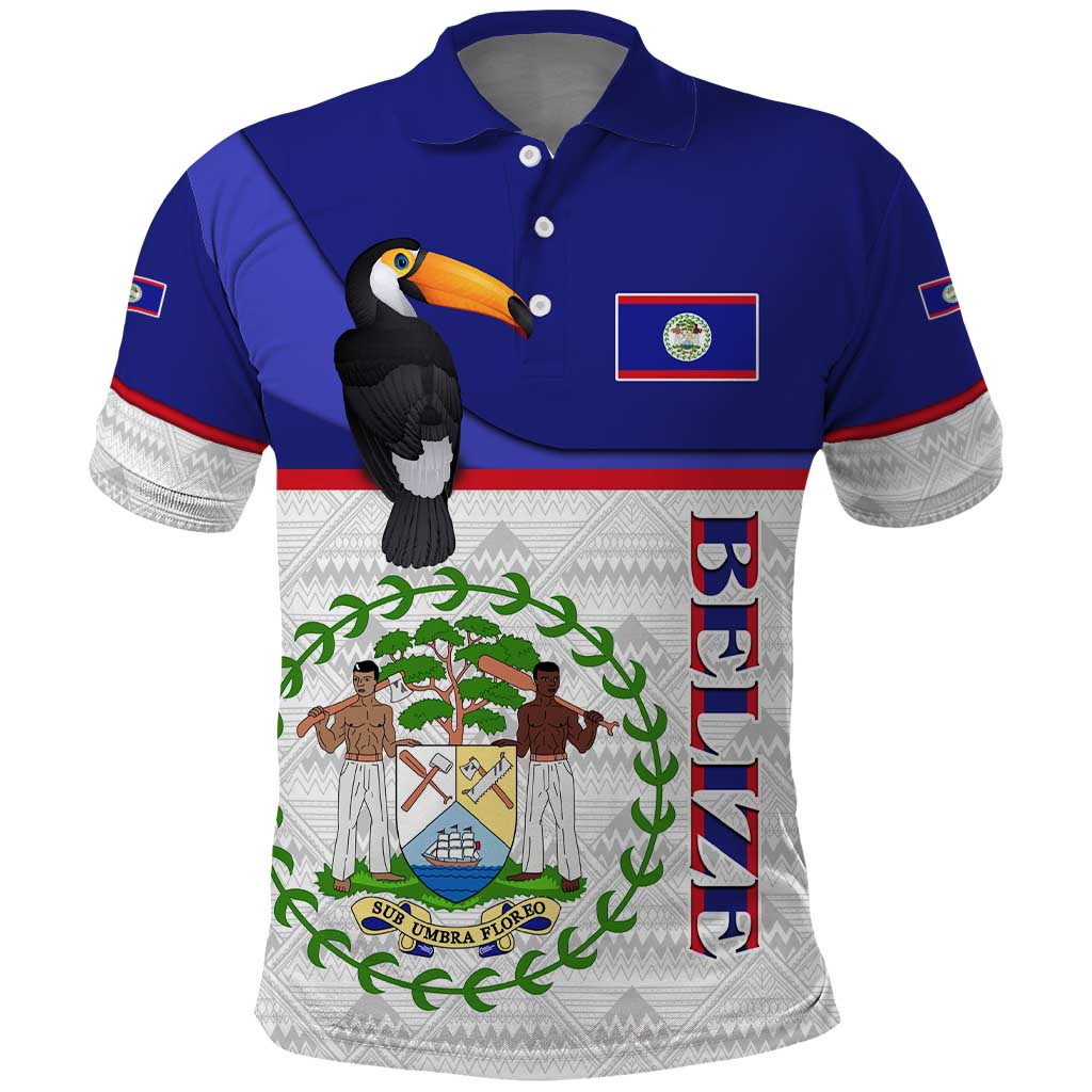 Belize National Emblem Polo Shirt with Toucan Print and Flag-Inspired Blue Design