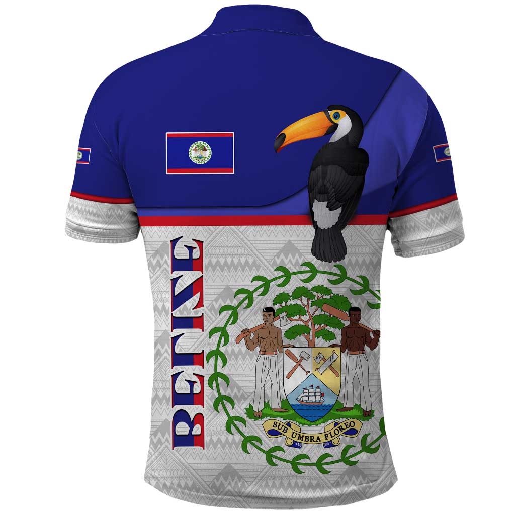 Belize National Emblem Polo Shirt with Toucan Print and Flag-Inspired Blue Design