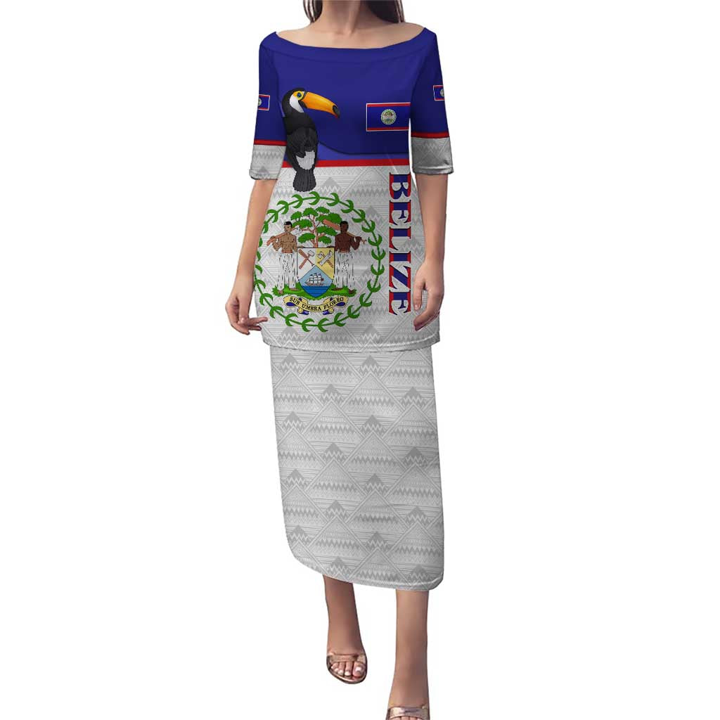 Belize National Emblem Puletasi with Toucan Print and Flag-Inspired Blue Design