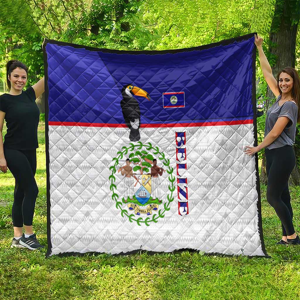 Belize National Emblem Quilt with Toucan Print and Flag-Inspired Blue Design