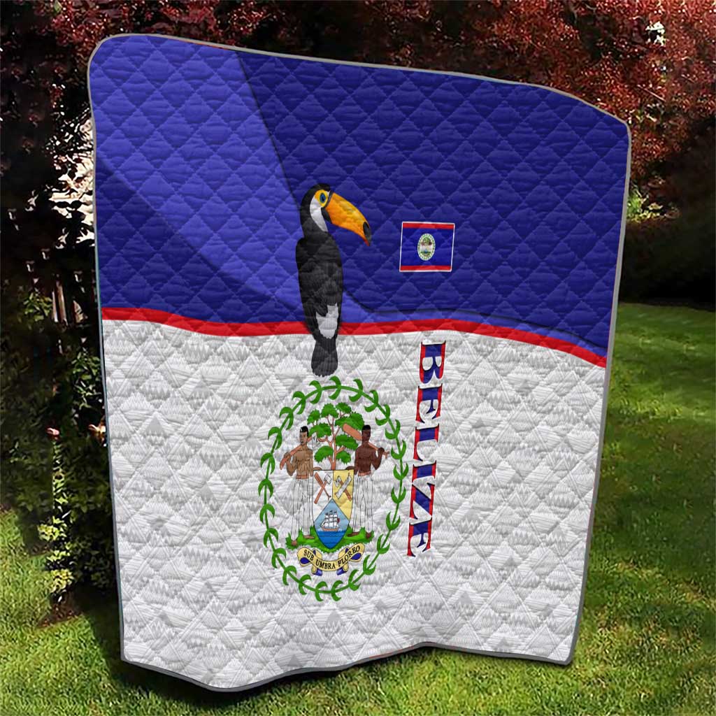 Belize National Emblem Quilt with Toucan Print and Flag-Inspired Blue Design