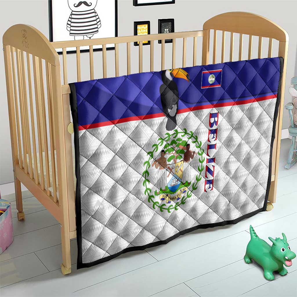 Belize National Emblem Quilt with Toucan Print and Flag-Inspired Blue Design