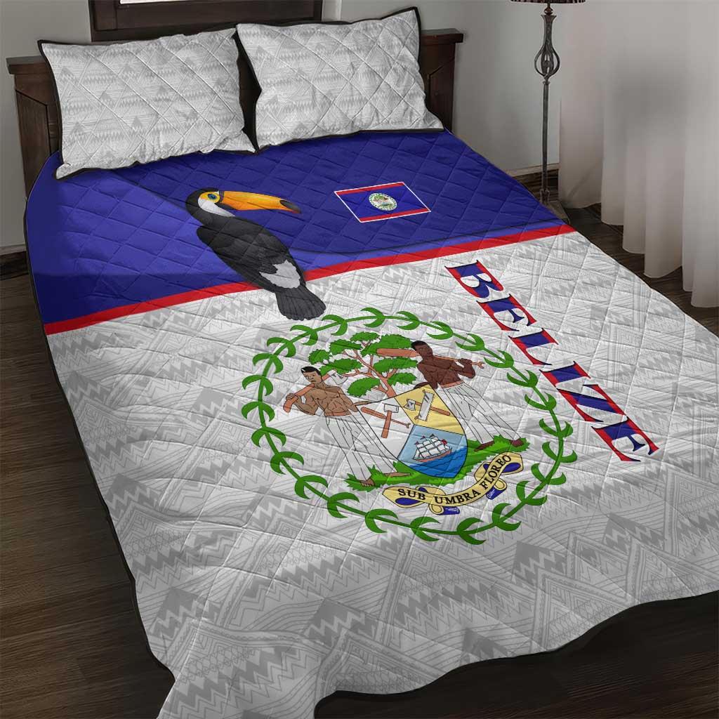 Belize National Emblem Quilt Bed Set with Toucan Print and Flag-Inspired Blue Design