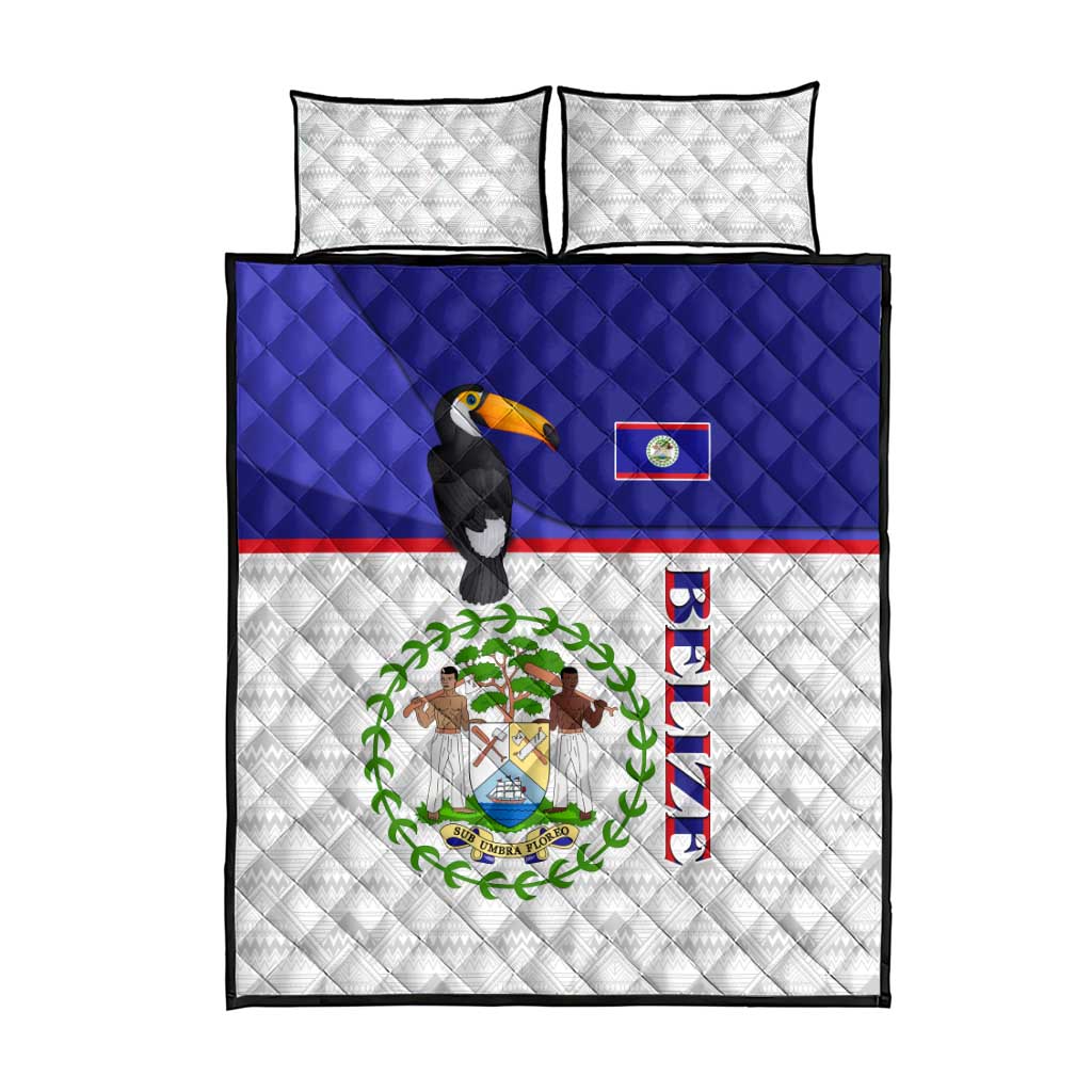 Belize National Emblem Quilt Bed Set with Toucan Print and Flag-Inspired Blue Design