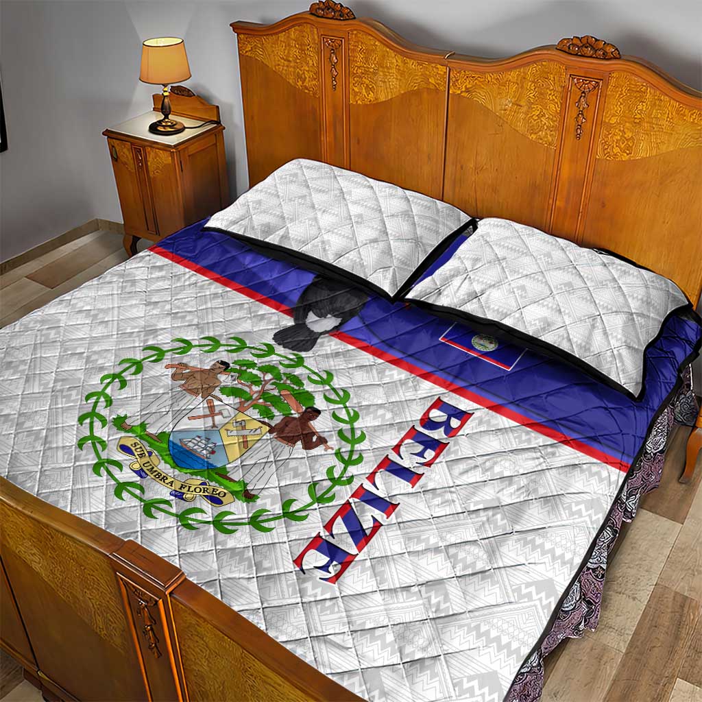 Belize National Emblem Quilt Bed Set with Toucan Print and Flag-Inspired Blue Design