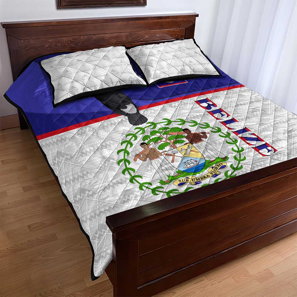 Belize National Emblem Quilt Bed Set with Toucan Print and Flag-Inspired Blue Design