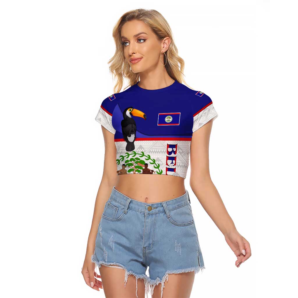 Belize National Emblem Raglan Cropped T Shirt with Toucan Print and Flag-Inspired Blue Design
