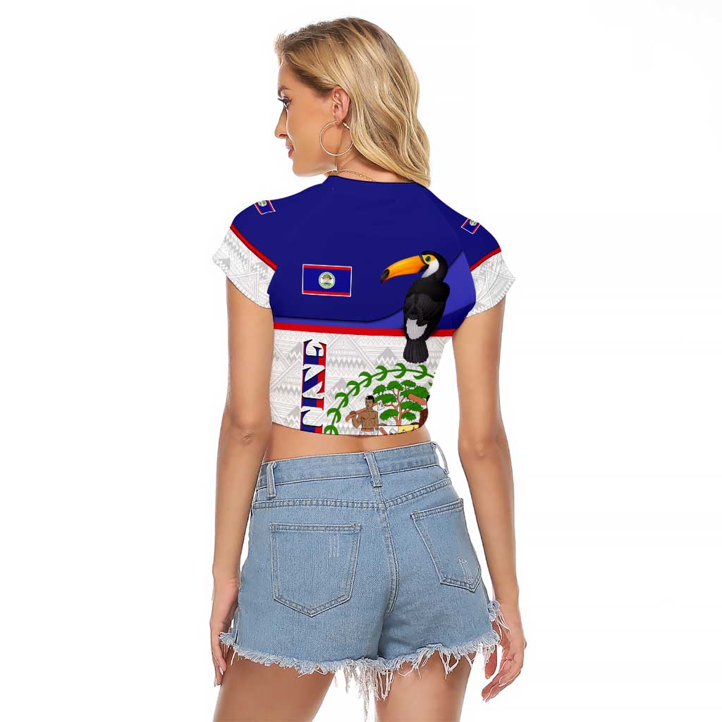 Belize National Emblem Raglan Cropped T Shirt with Toucan Print and Flag-Inspired Blue Design