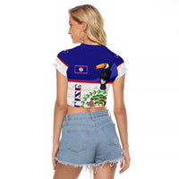 Belize National Emblem Raglan Cropped T Shirt with Toucan Print and Flag-Inspired Blue Design