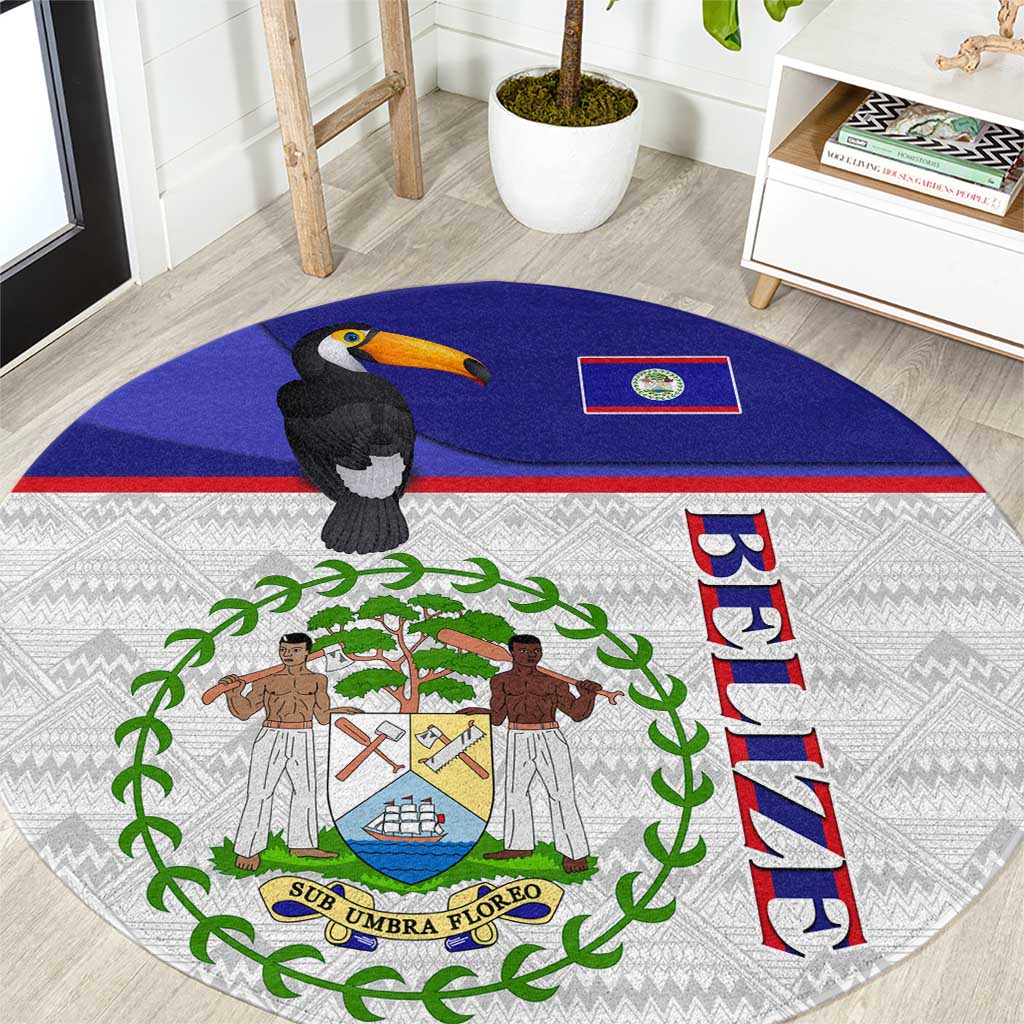 Belize National Emblem Round Carpet with Toucan Print and Flag-Inspired Blue Design