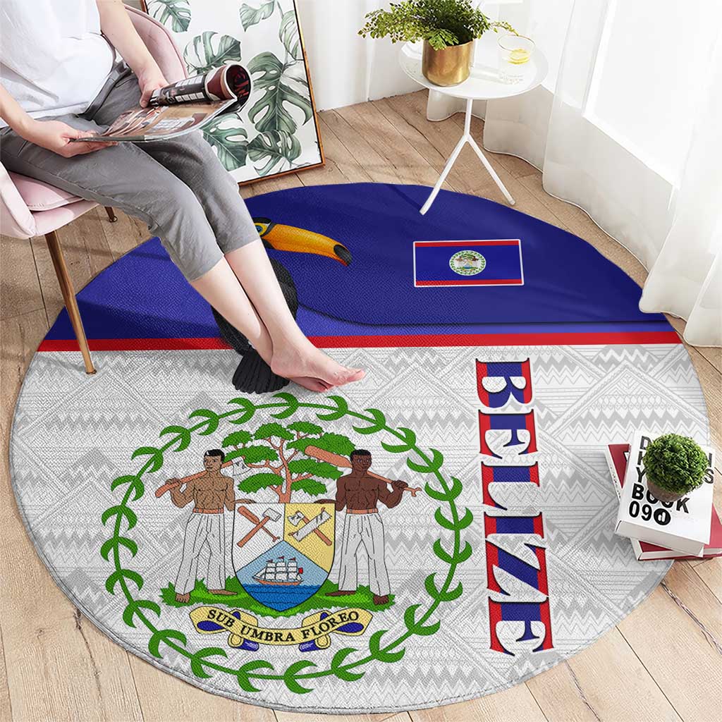Belize National Emblem Round Carpet with Toucan Print and Flag-Inspired Blue Design