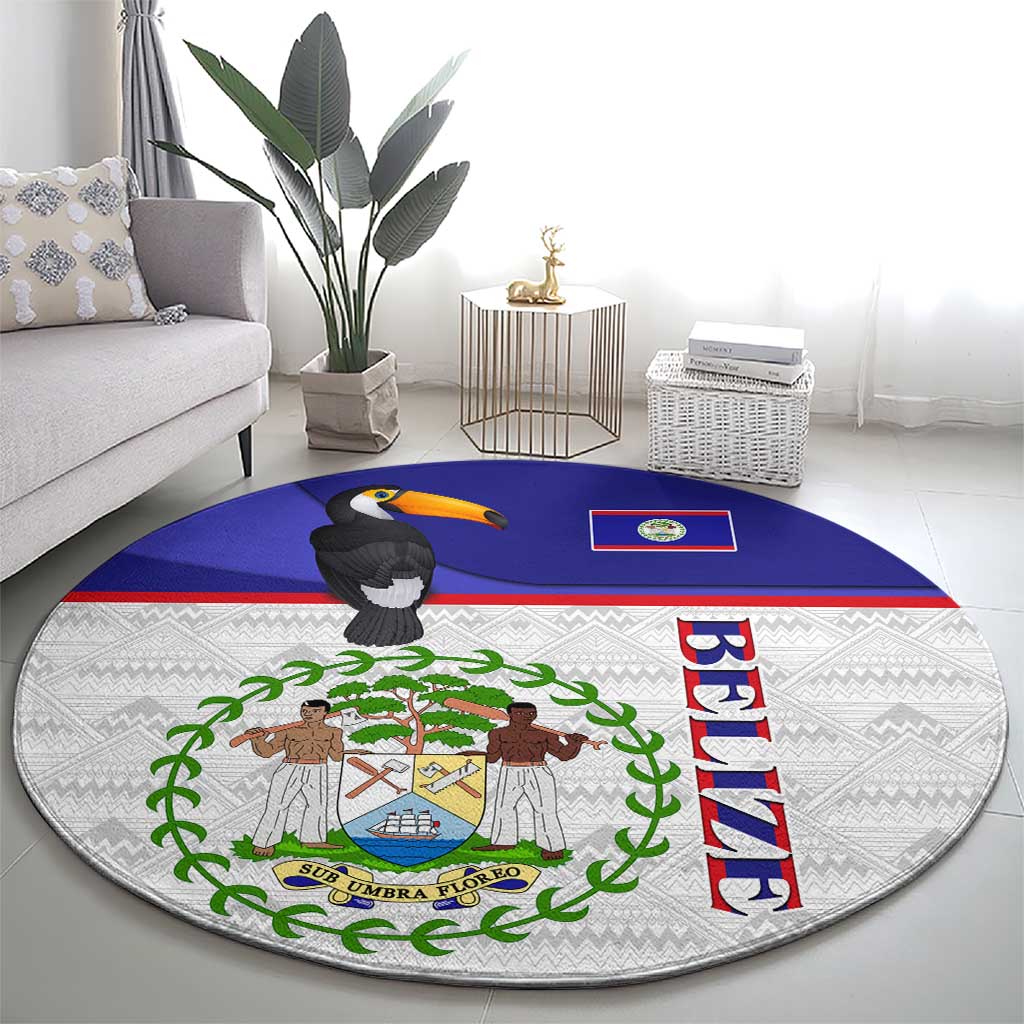 Belize National Emblem Round Carpet with Toucan Print and Flag-Inspired Blue Design