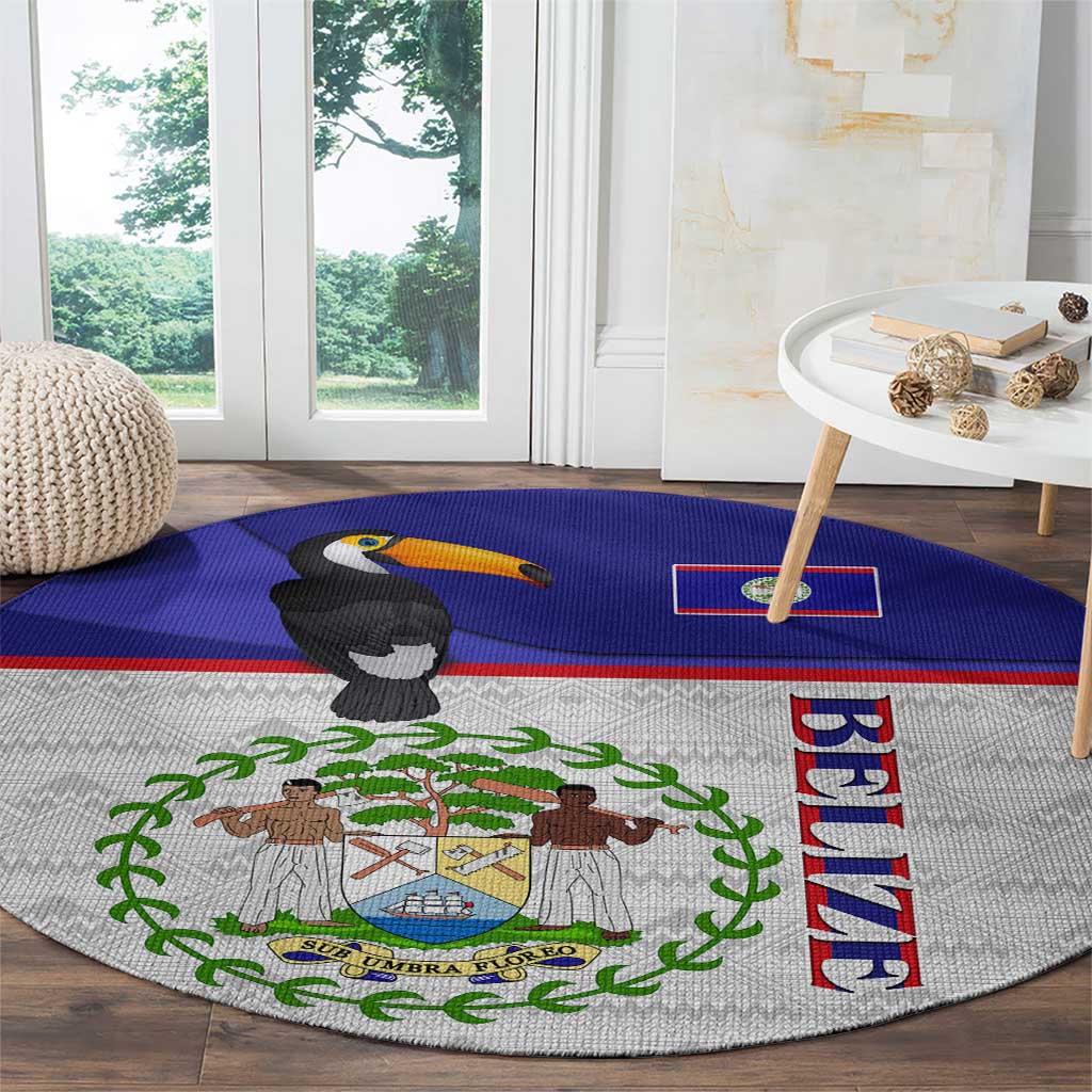 Belize National Emblem Round Carpet with Toucan Print and Flag-Inspired Blue Design