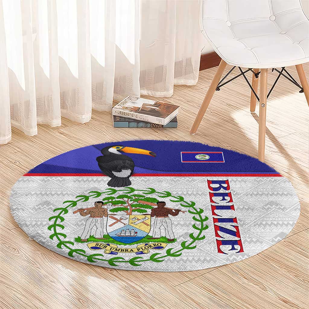 Belize National Emblem Round Carpet with Toucan Print and Flag-Inspired Blue Design
