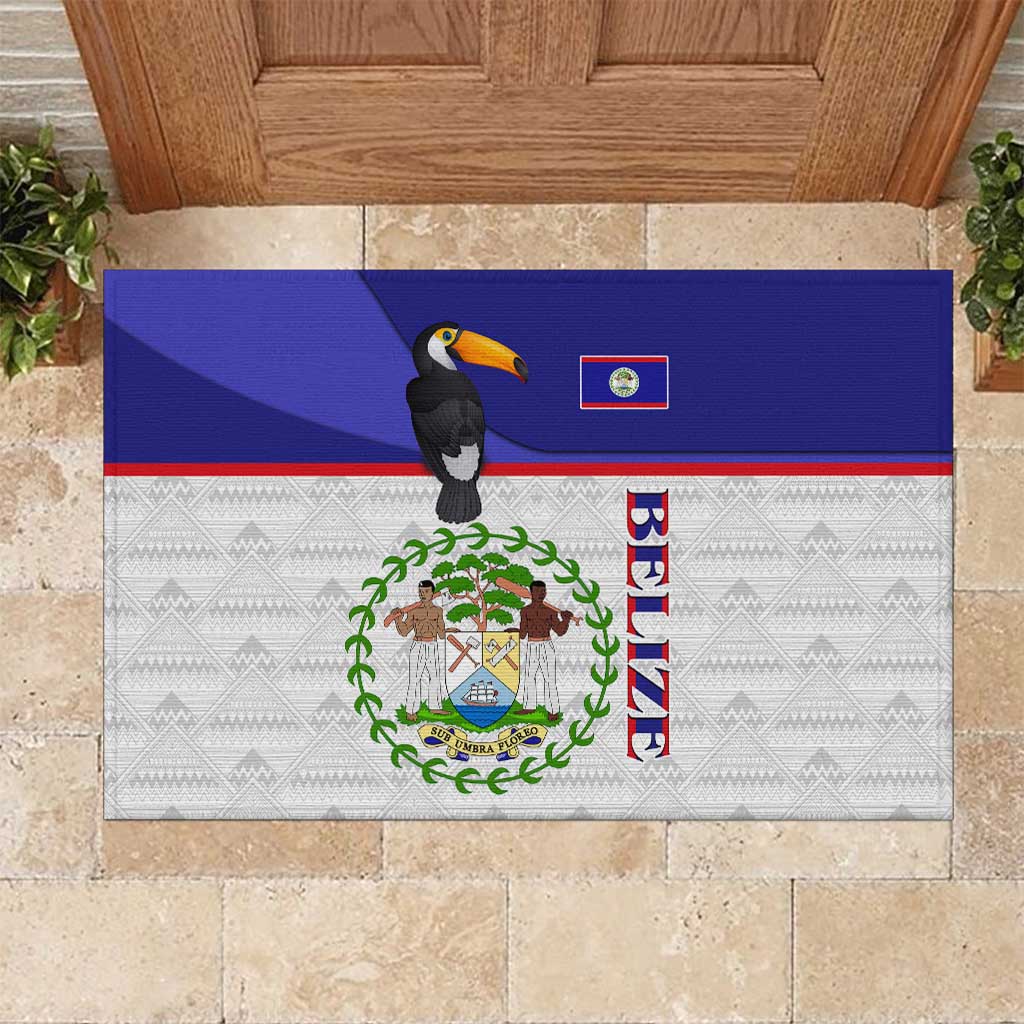 Belize National Emblem Rubber Doormat with Toucan Print and Flag-Inspired Blue Design