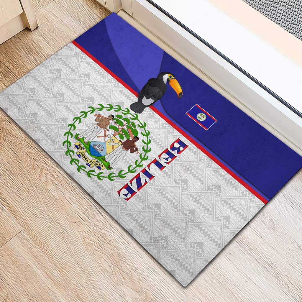 Belize National Emblem Rubber Doormat with Toucan Print and Flag-Inspired Blue Design