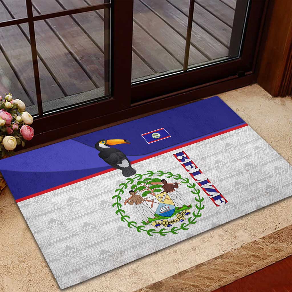 Belize National Emblem Rubber Doormat with Toucan Print and Flag-Inspired Blue Design