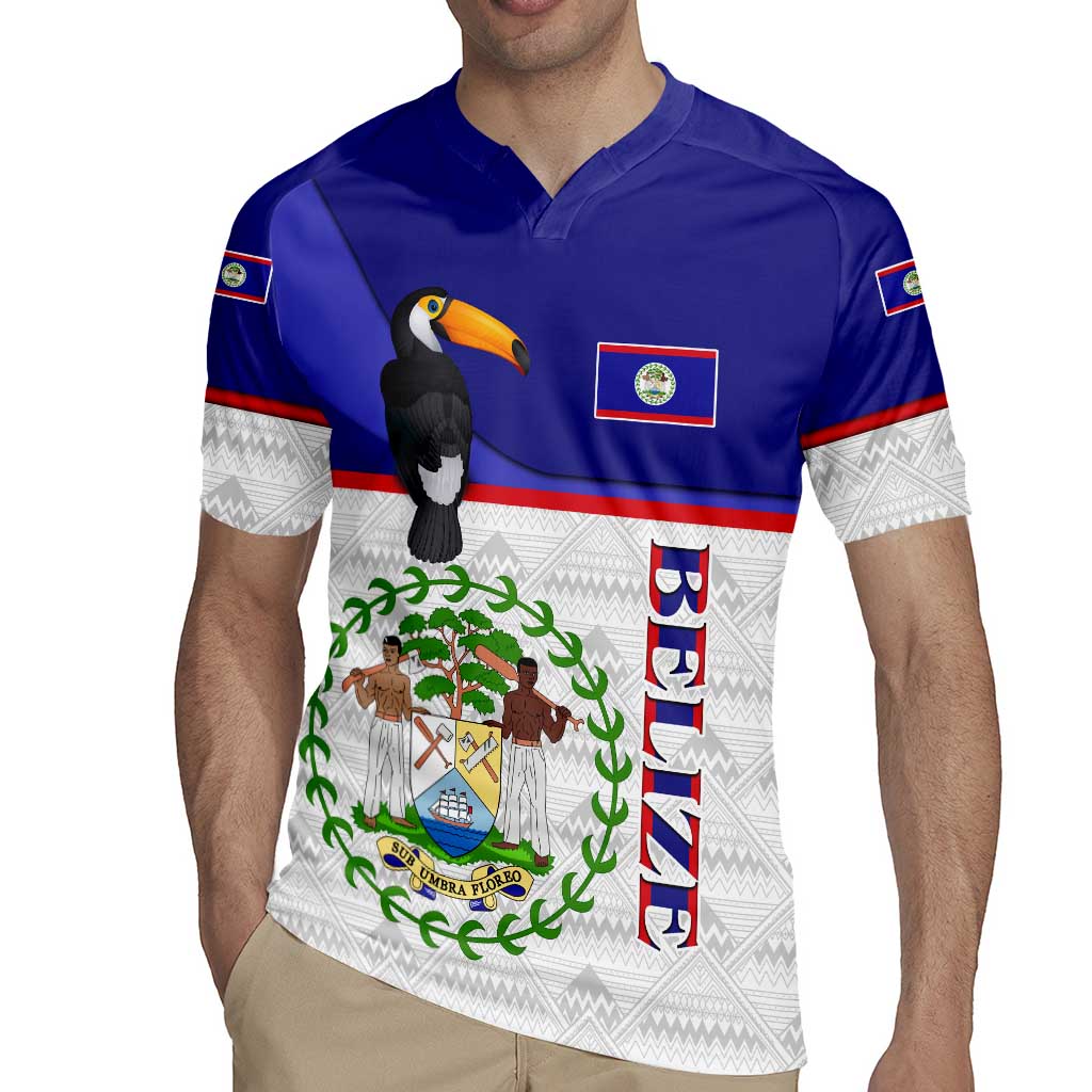 Belize National Emblem Rugby Jersey with Toucan Print and Flag-Inspired Blue Design