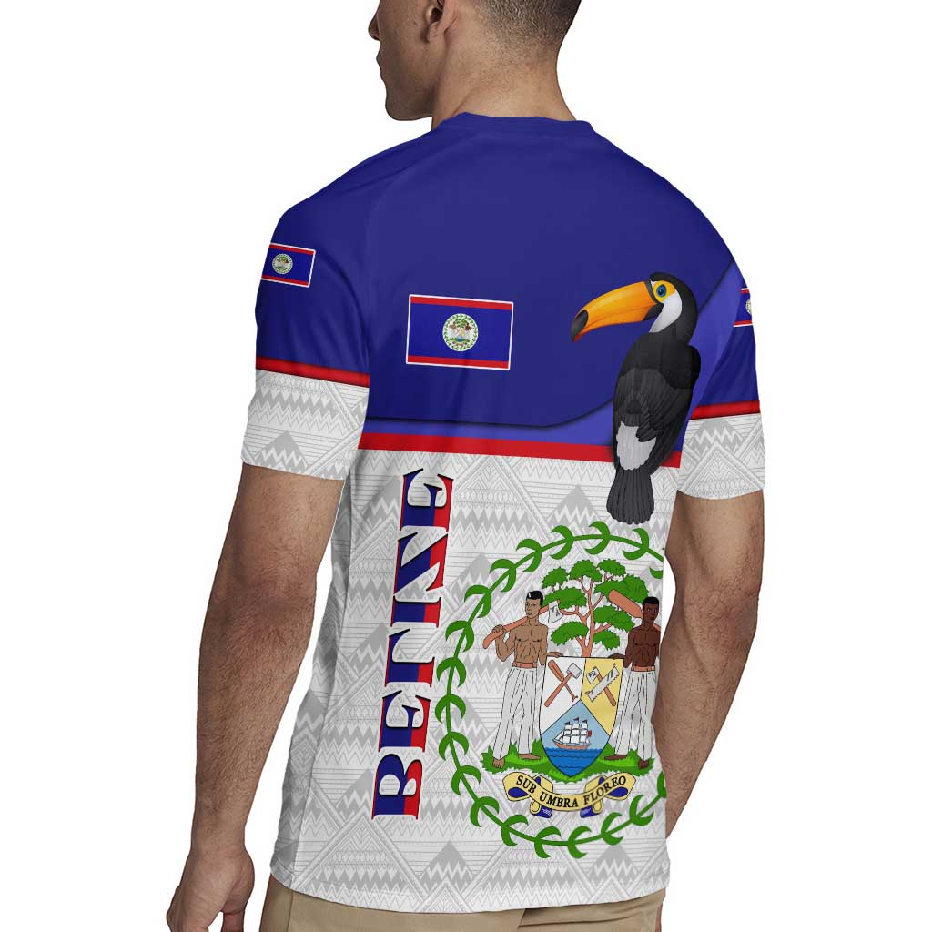 Belize National Emblem Rugby Jersey with Toucan Print and Flag-Inspired Blue Design
