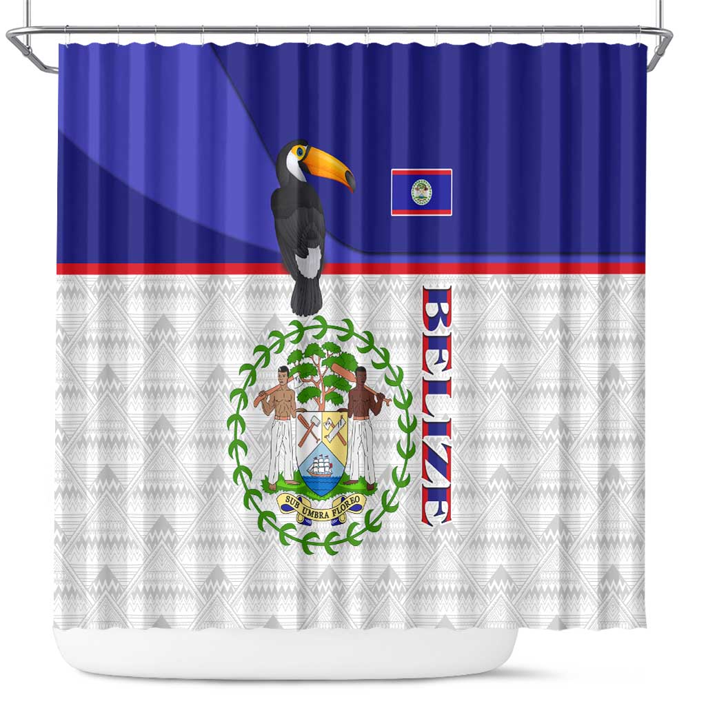 Belize National Emblem Shower Curtain with Toucan Print and Flag-Inspired Blue Design