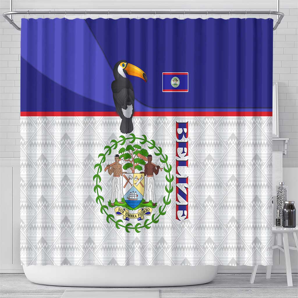 Belize National Emblem Shower Curtain with Toucan Print and Flag-Inspired Blue Design