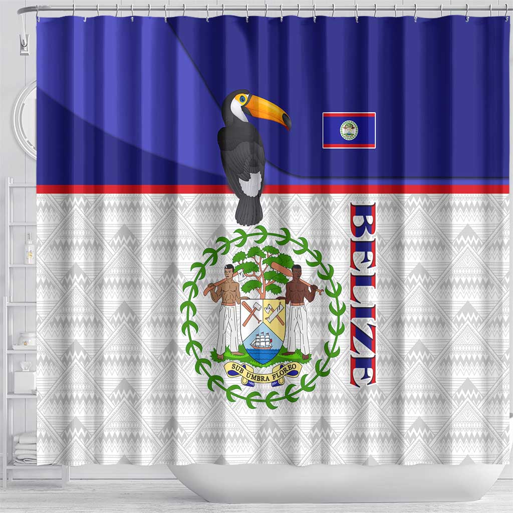 Belize National Emblem Shower Curtain with Toucan Print and Flag-Inspired Blue Design