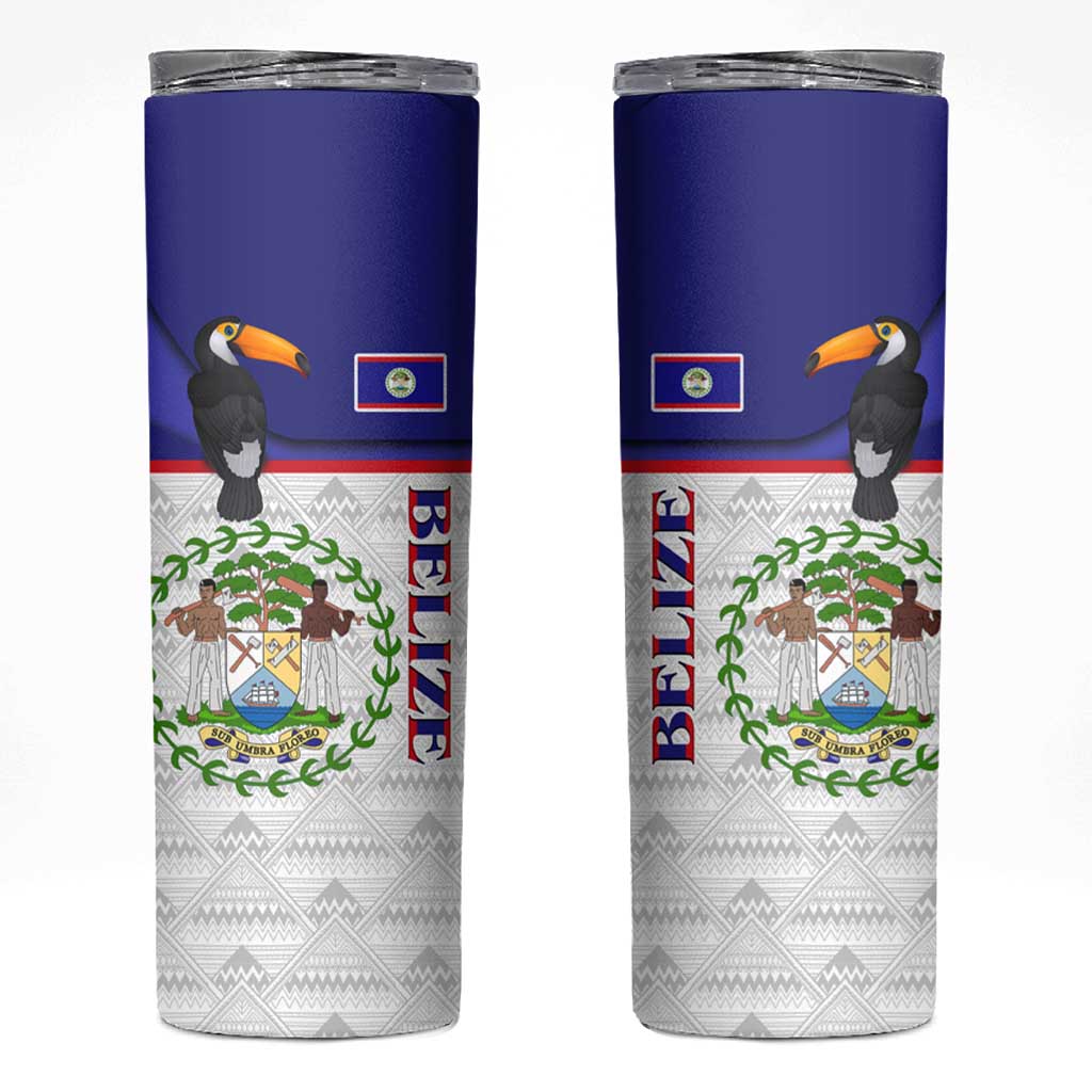 Belize National Emblem Skinny Tumbler with Toucan Print and Flag-Inspired Blue Design