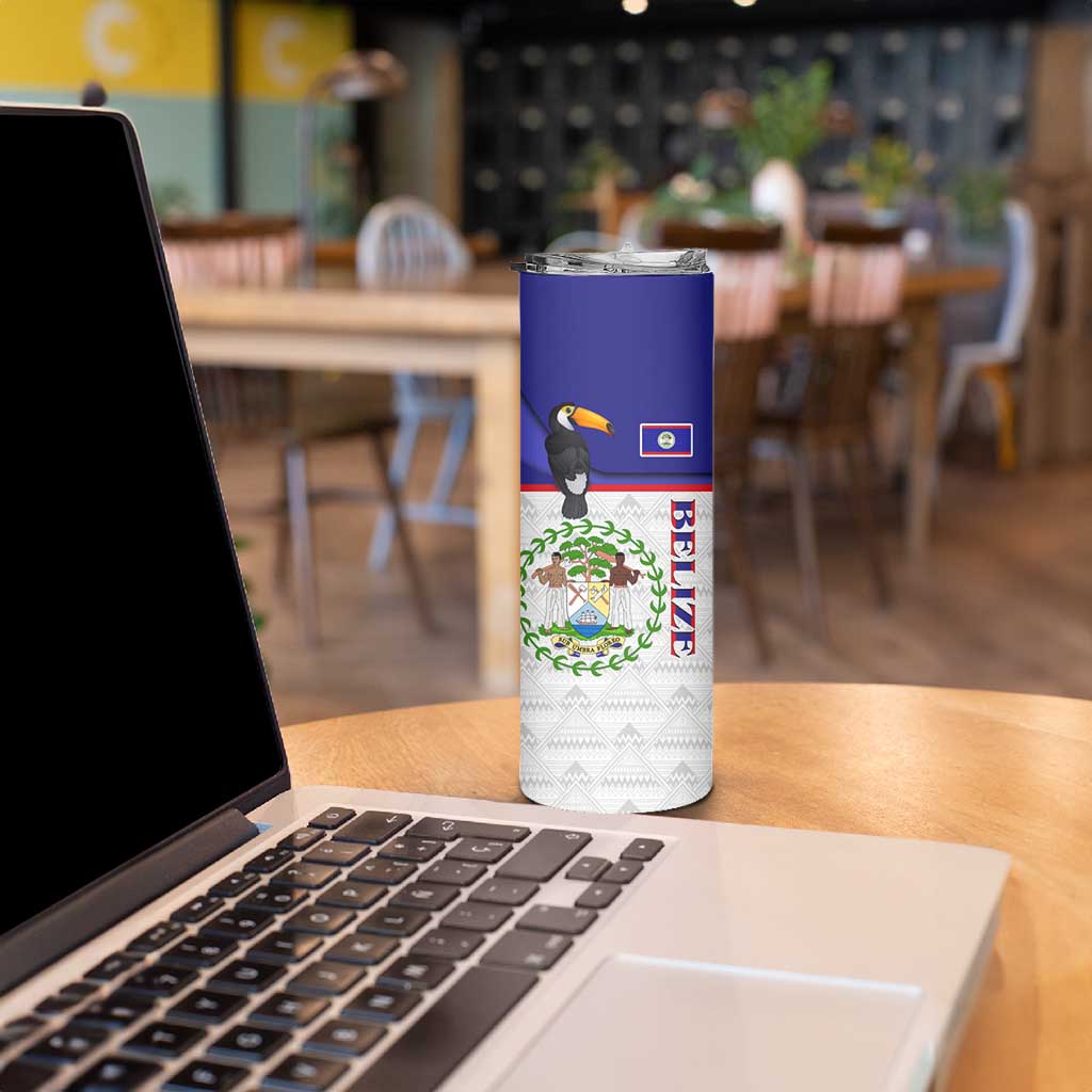 Belize National Emblem Skinny Tumbler with Toucan Print and Flag-Inspired Blue Design