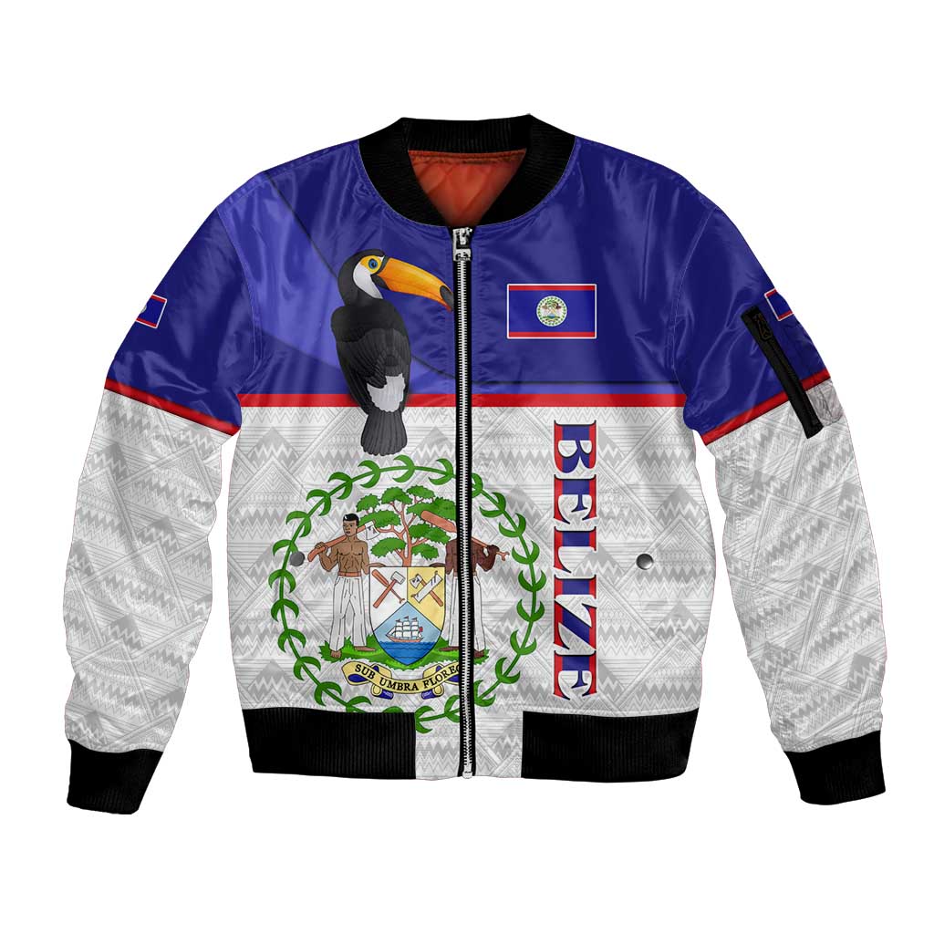 Belize National Emblem Sleeve Zip Bomber Jacket with Toucan Print and Flag-Inspired Blue Design