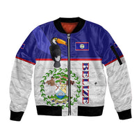 Belize National Emblem Sleeve Zip Bomber Jacket with Toucan Print and Flag-Inspired Blue Design