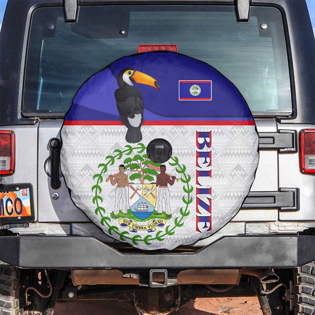 Belize National Emblem Spare Tire Cover with Toucan Print and Flag-Inspired Blue Design
