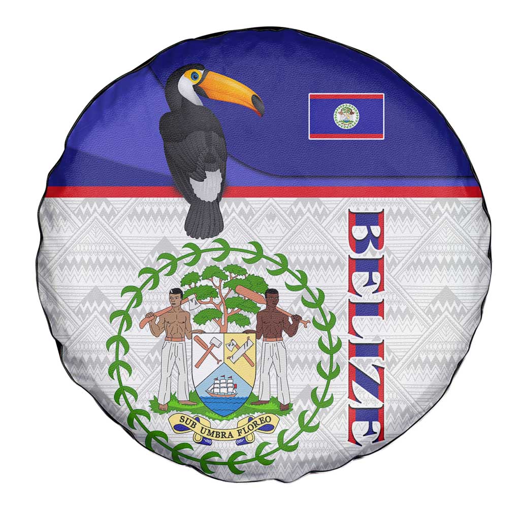 Belize National Emblem Spare Tire Cover with Toucan Print and Flag-Inspired Blue Design