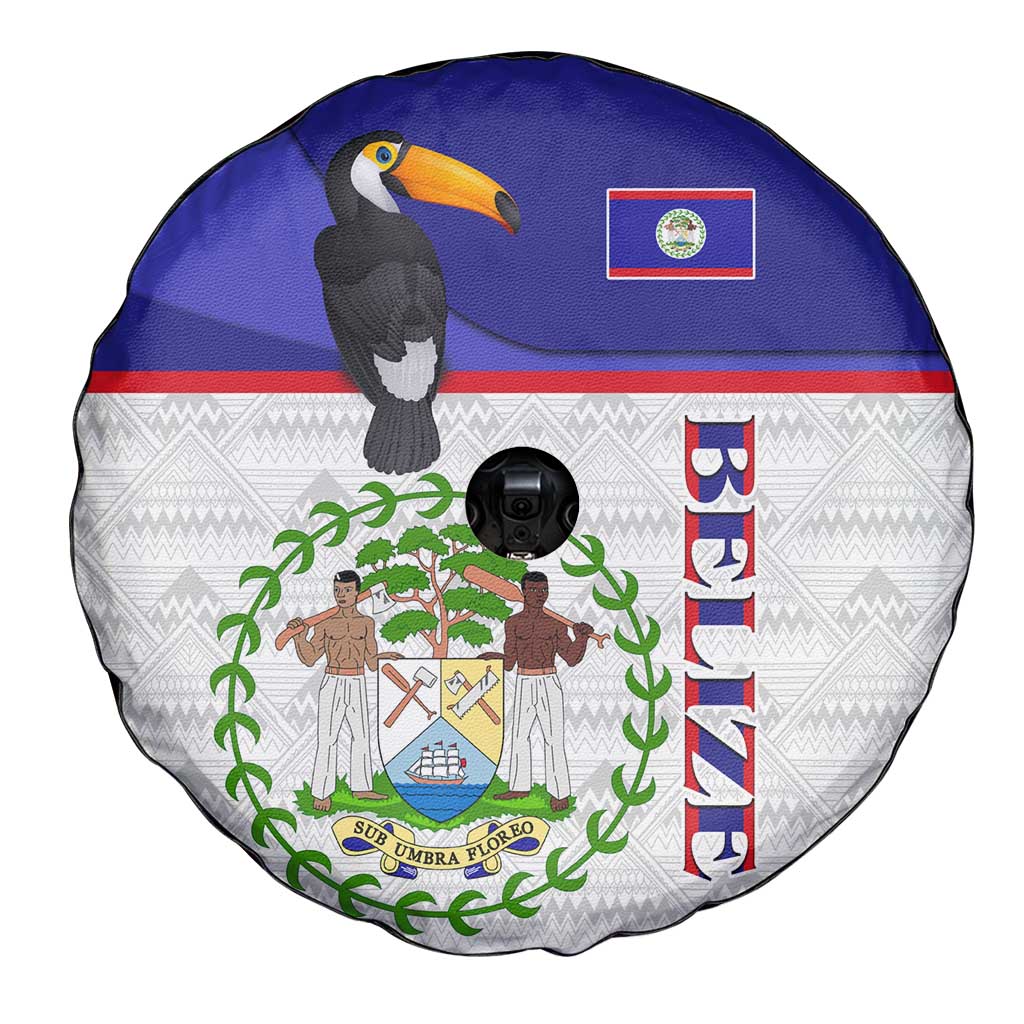 Belize National Emblem Spare Tire Cover with Toucan Print and Flag-Inspired Blue Design