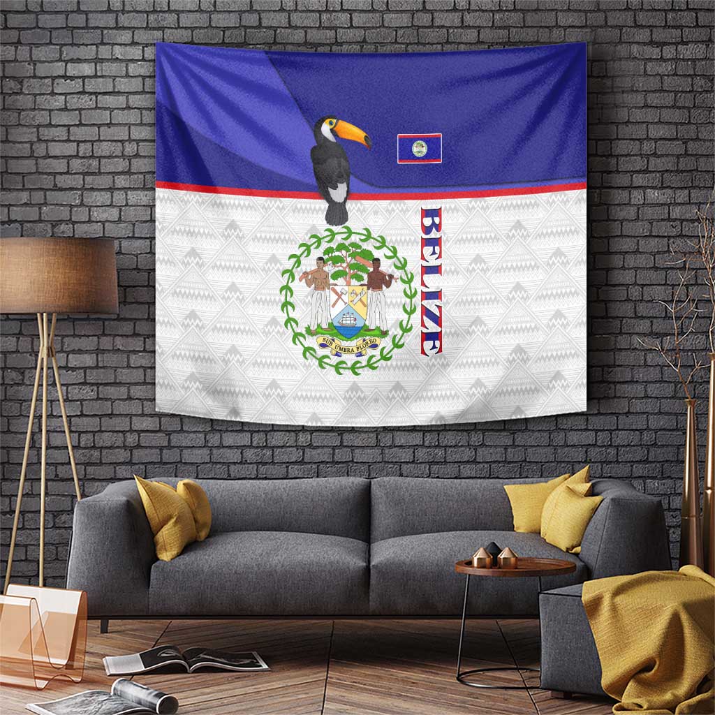 Belize National Emblem Tapestry with Toucan Print and Flag-Inspired Blue Design