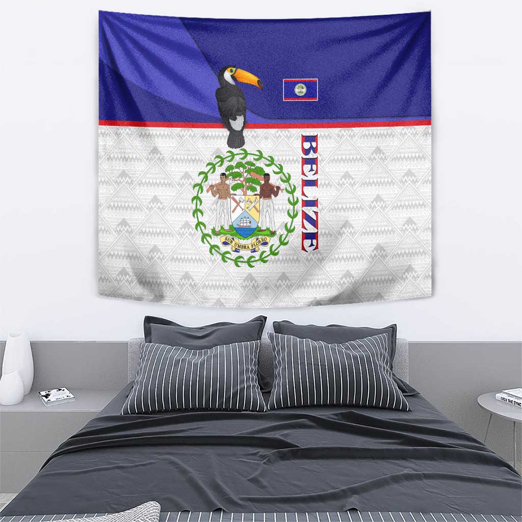 Belize National Emblem Tapestry with Toucan Print and Flag-Inspired Blue Design