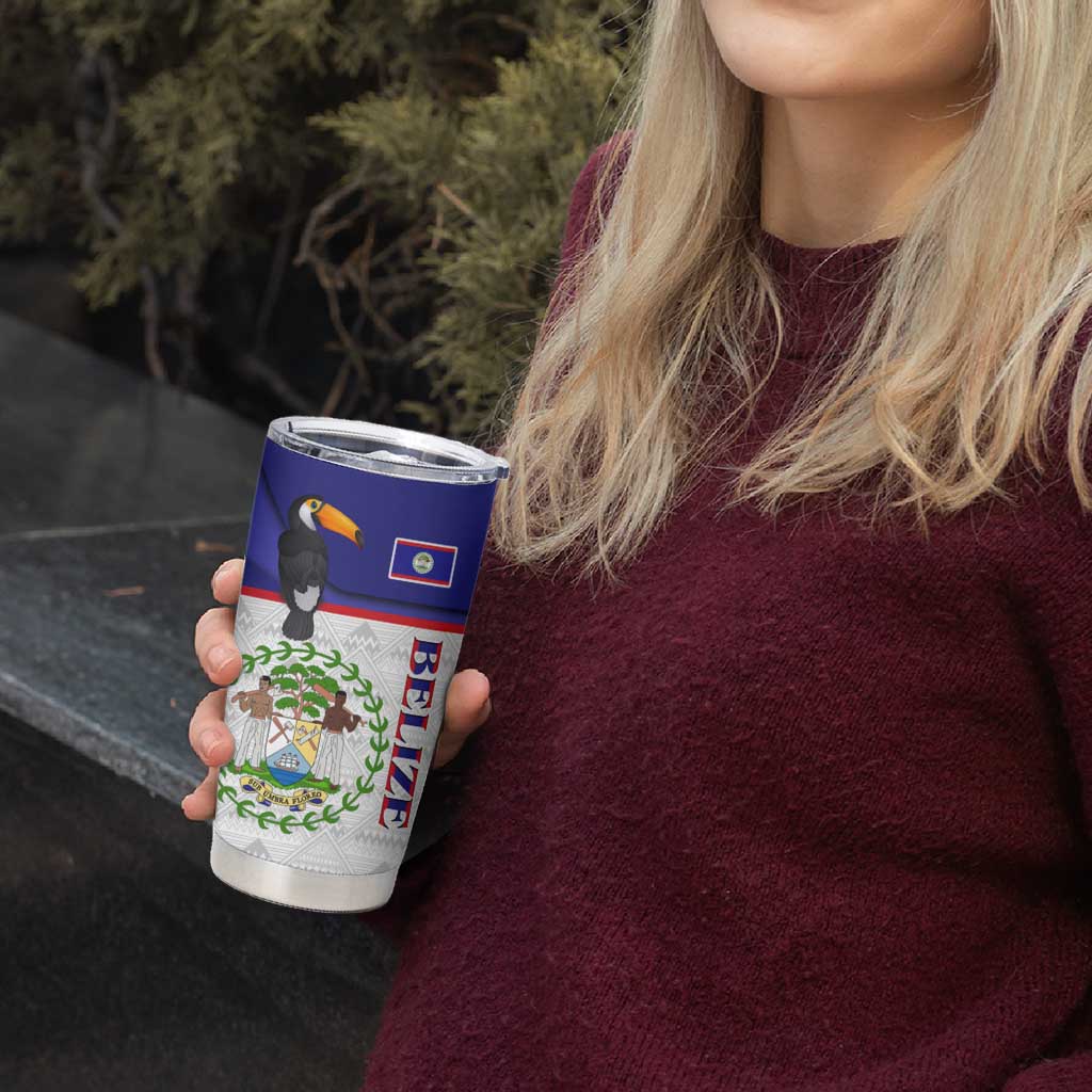 Belize National Emblem Tumbler Cup with Toucan Print and Flag-Inspired Blue Design