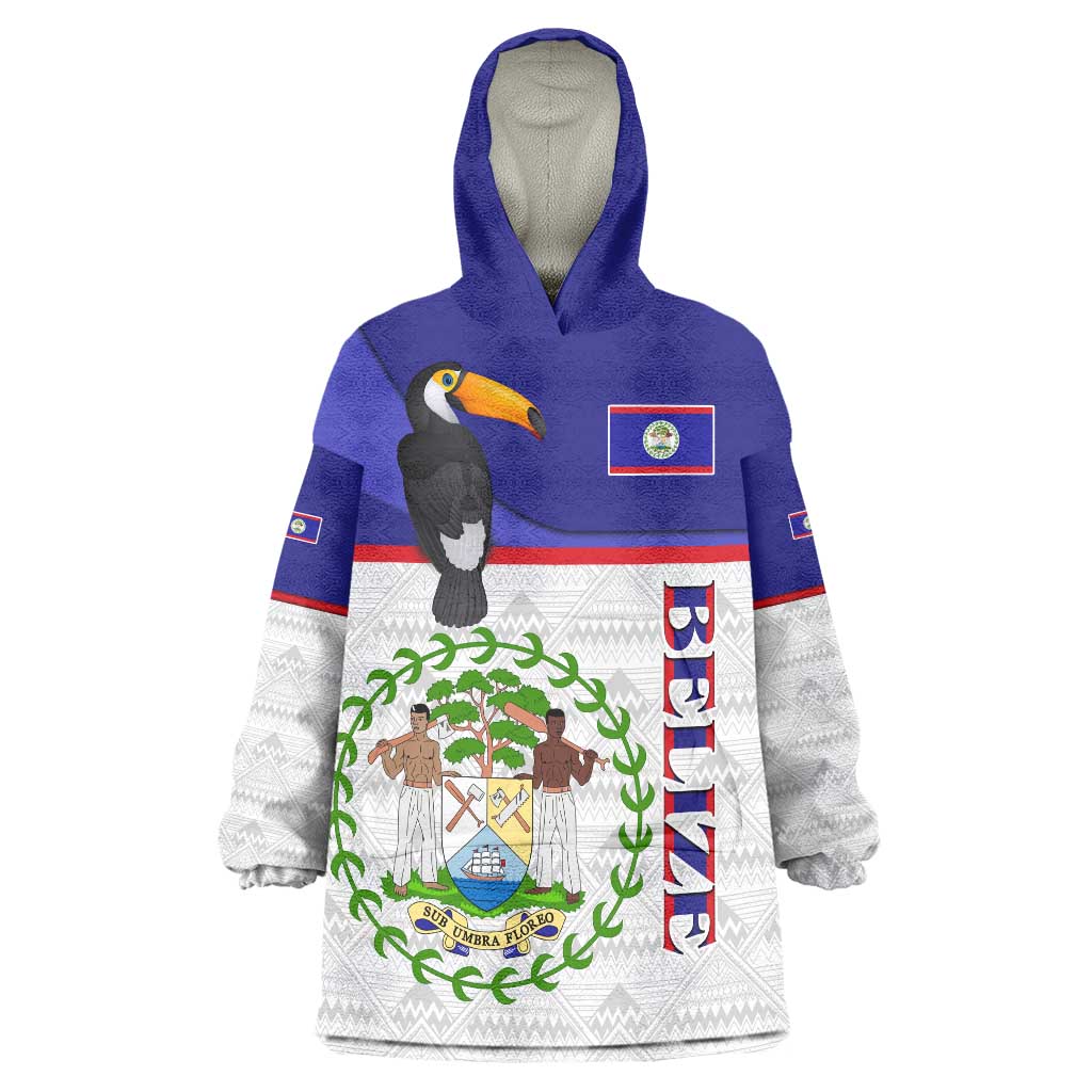 Belize National Emblem Wearable Blanket Hoodie with Toucan Print and Flag-Inspired Blue Design