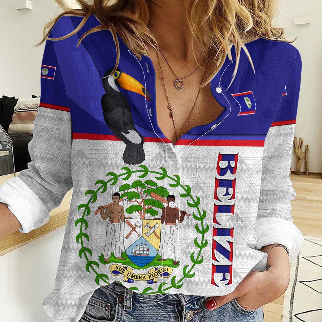 Belize National Emblem Women Casual Shirt with Toucan Print and Flag-Inspired Blue Design