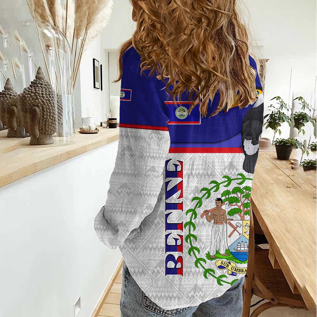 Belize National Emblem Women Casual Shirt with Toucan Print and Flag-Inspired Blue Design