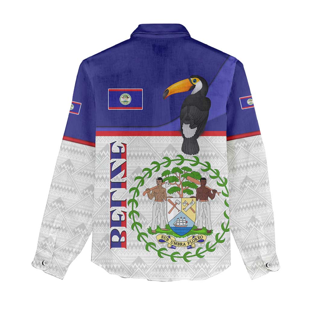 Belize National Emblem Women Casual Shirt with Toucan Print and Flag-Inspired Blue Design
