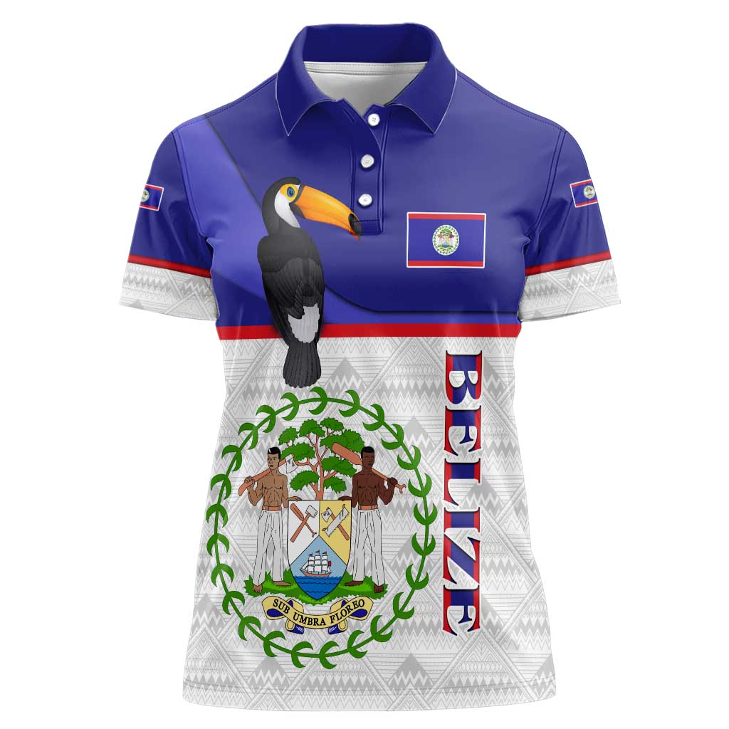 Belize National Emblem Women Polo Shirt with Toucan Print and Flag-Inspired Blue Design