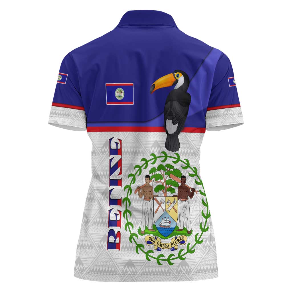Belize National Emblem Women Polo Shirt with Toucan Print and Flag-Inspired Blue Design