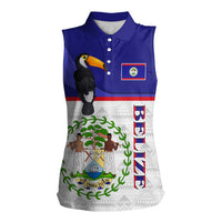 Belize National Emblem Women Sleeveless Polo Shirt with Toucan Print and Flag-Inspired Blue Design