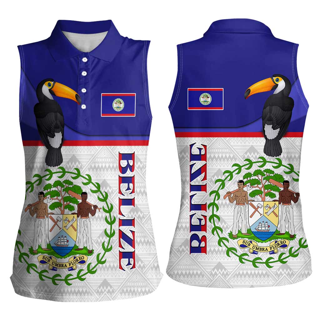 Belize National Emblem Women Sleeveless Polo Shirt with Toucan Print and Flag-Inspired Blue Design