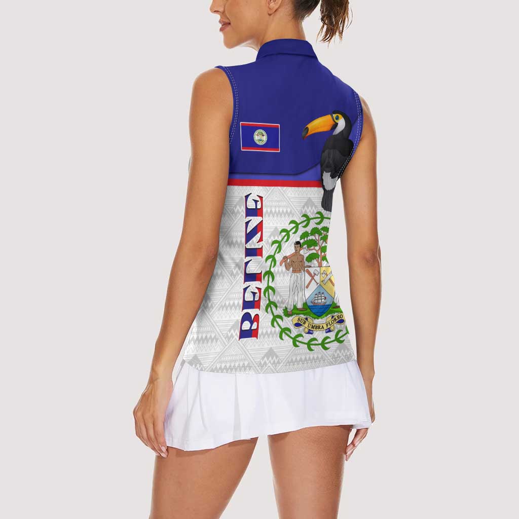 Belize National Emblem Women Sleeveless Polo Shirt with Toucan Print and Flag-Inspired Blue Design