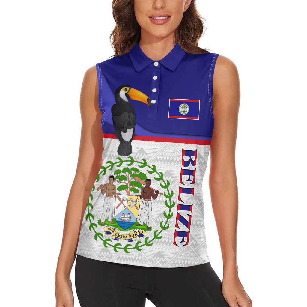 Belize National Emblem Women Sleeveless Polo Shirt with Toucan Print and Flag-Inspired Blue Design