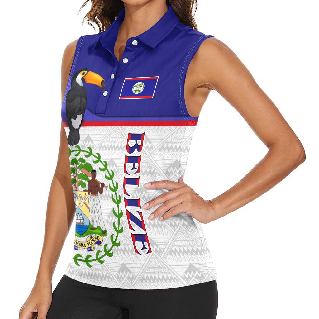 Belize National Emblem Women Sleeveless Polo Shirt with Toucan Print and Flag-Inspired Blue Design