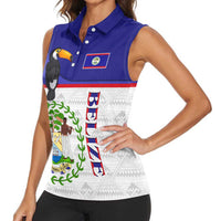 Belize National Emblem Women Sleeveless Polo Shirt with Toucan Print and Flag-Inspired Blue Design